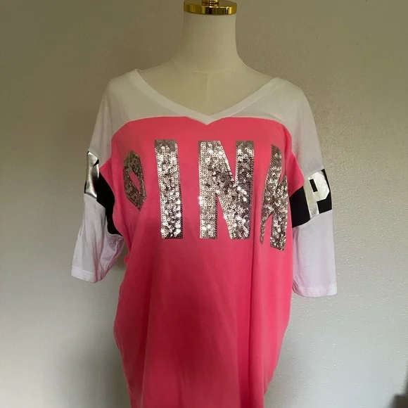 PINK Victoria's Secret Pink and White Sequin Logo Jersey - Picture 1 of 7